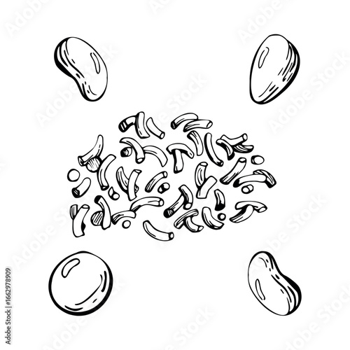 Sugar candy dragee bonbons, sprinkles strands scattered randomly. graphic line illustration hand drawn in vector ink. Sweet cafe, summer snack wrap, flavor sticker, dessert ice cream topping frosting