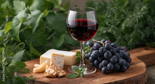Red Wine Pairing. Glass of Wine with Cheese and Grapes on Wooden Board.