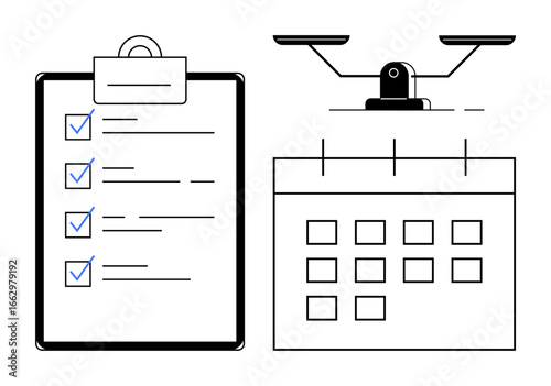 Checklist with completed tasks beside a calendar with a scale balancing priorities and deadlines. Ideal for planning, productivity, goal setting, project management, time management, scheduling