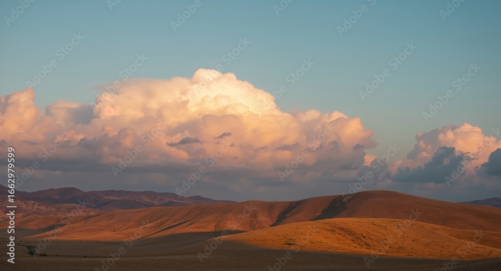 Fototapeta premium Rolling Hills under a PeachColored Sky A Serene Landscape at Sunset, Russia