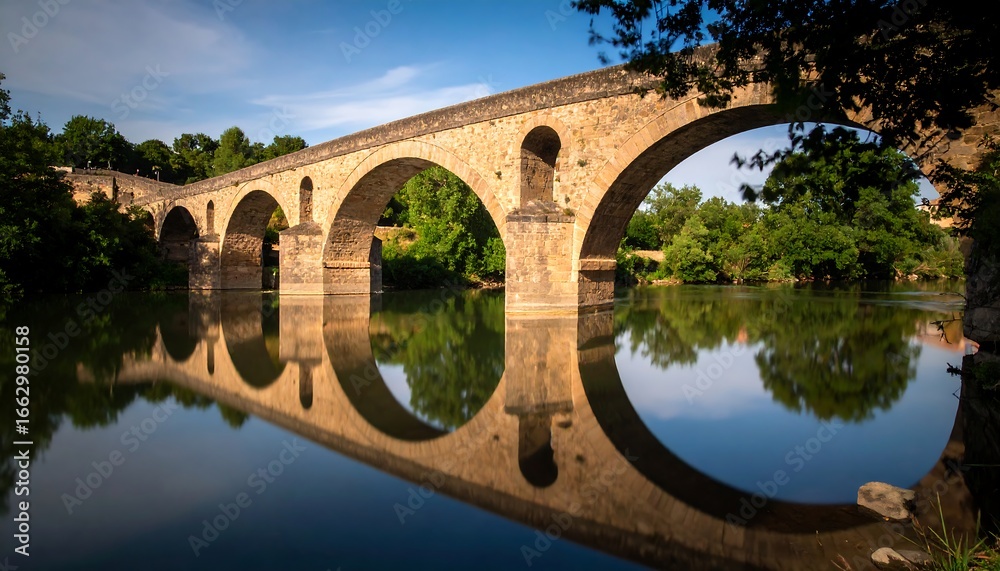 Fototapeta premium Stone arch bridge over a still river, reflecting a serene landscape