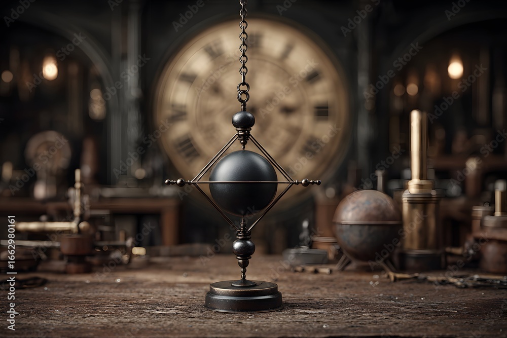 Obraz premium Pendulum swings with steady grace framed by nostalgic antique clock and workshop shadows.