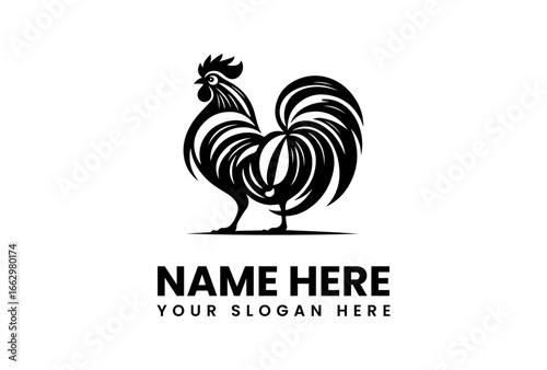 Stylized Black Rooster Silhouette with Curvilinear Feather Design.