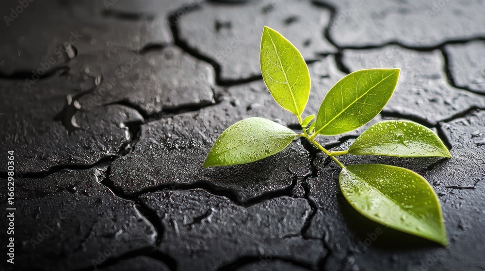 Naklejka premium A green leaf sprout emerging from cracked soil on a dark, cracked surface.