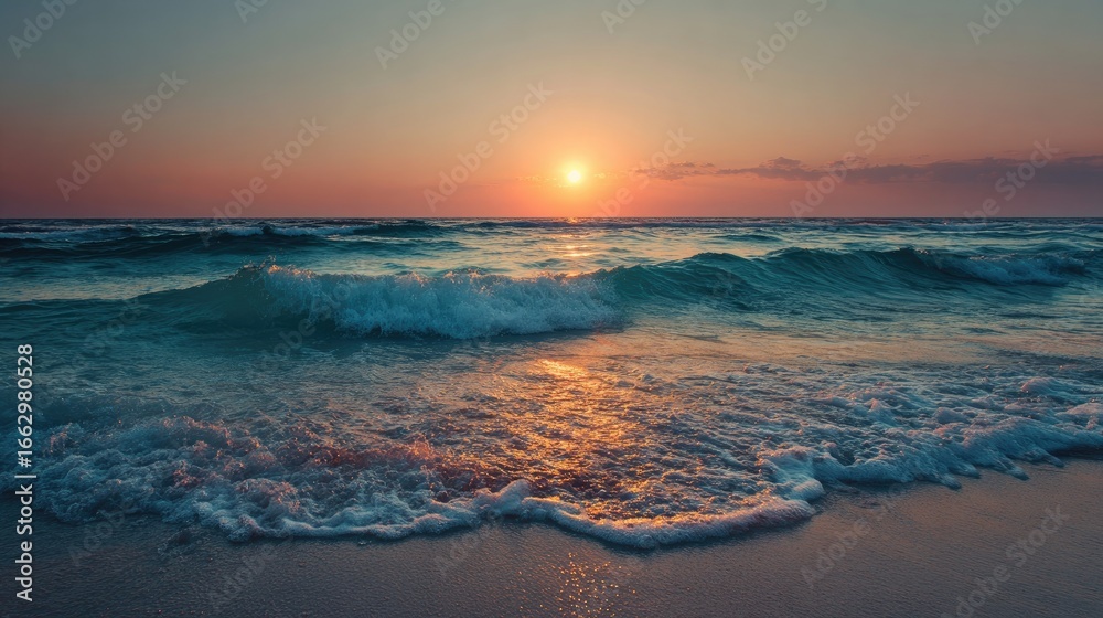 Fototapeta premium Golden sunset over tranquil ocean waves
