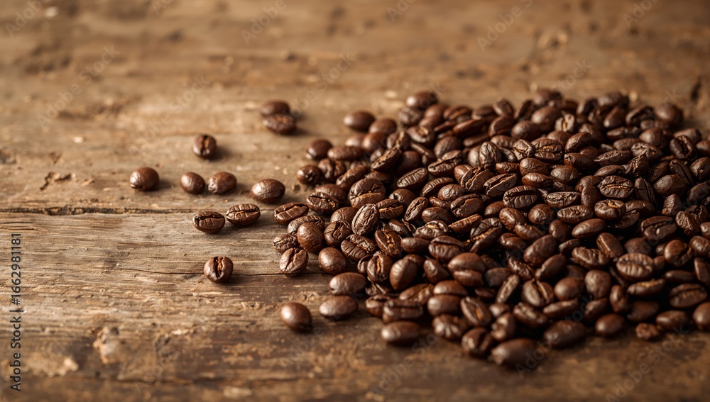 Fototapeta premium Roasted Coffee Beans on a Rustic Wooden Surface, CloseUp Shot, High Quality.