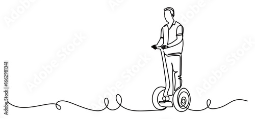 Continuous line art of a man riding a segway. Simple vehicle concept for commuting to work. This image is isolated with a transparent background.
