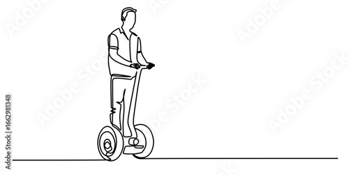 Continuous line art of a man riding a segway on a flat road. Simple vehicle concept for commuting to work. This image is isolated with a transparent background.