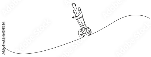 Continuous line art of a man riding a segway on a downhill road. Simple vehicle concept for commuting to work. This image is isolated with a transparent background.