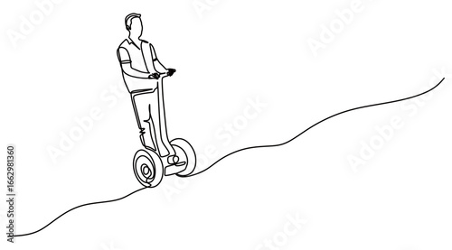 Continuous line art of a man riding a segway on an uphill road. Simple vehicle concept for commuting to work. This image is isolated with a transparent background.