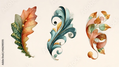 Vintage style ornamental leaf designs in vibrant autumn colors featuring intricate patterns and flourishing botanical motifs