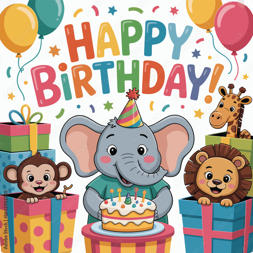 Fototapeta premium Birthday celebration with elephant lion monkey and giraffe in gifts vector illustration