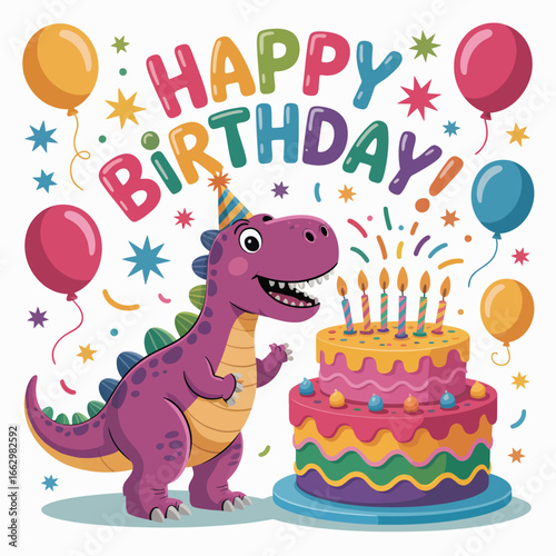 Cartoon purple dinosaur with birthday cake and balloons celebration
