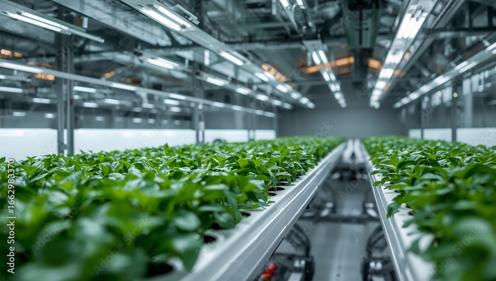 Naklejka premium Indoor Hydroponic Farm. Lush Green Plants Growing Under Artificial Lighting System