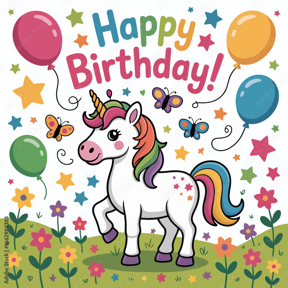 Naklejka premium Cute cartoon unicorn with rainbow mane and tail in a field of flowers birthday celebration