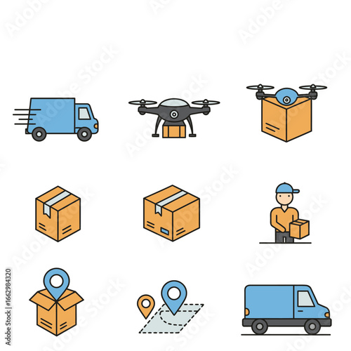 Set of color line icons for delivery services, shipping, and logistics, including truck, drone, and package tracking elements