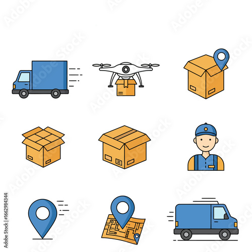 Logistics and shipping service icon collection showing a delivery truck, parcel drone, courier, and GPS map tracking symbols