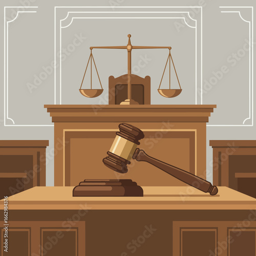 A classic courtroom interior depicted in a flat vector illustration, showing the judge's bench with a gavel and scales of justice