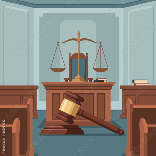 Flat vector illustration of a traditional courtroom hall interior, featuring the judge's bench with a gavel and symbolic scales of justice