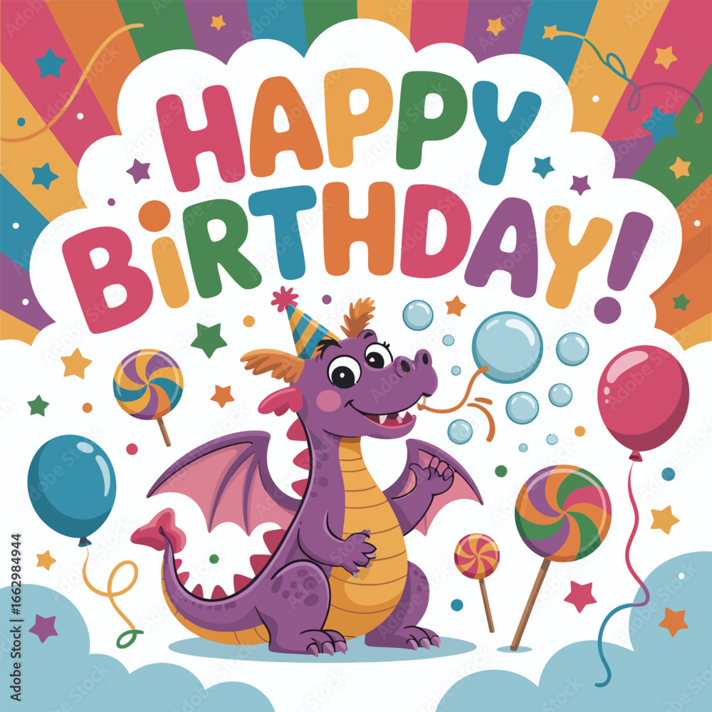 Fototapeta premium Fun birthday card with a dragon, lollipops, and colorful background celebration balloons