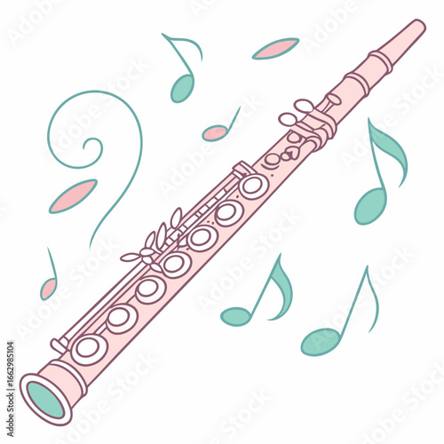 A charming illustration of a pink flute surrounded by floating musical notes and decorative swirls