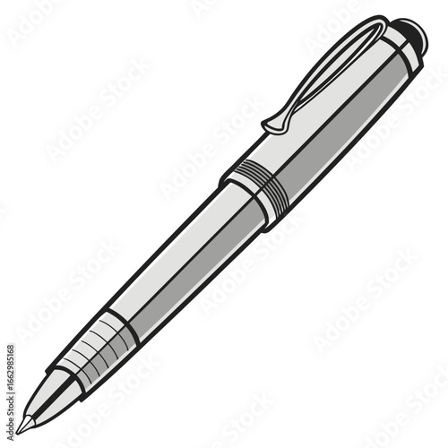 A detailed illustration of a classic silver pen with a clip and ribbed grip on a white background