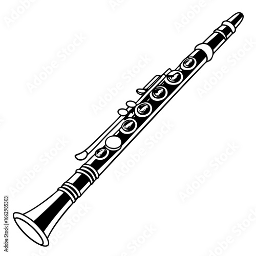 Black and white illustration of a classic clarinet musical instrument with detailed keys and a flared bell
