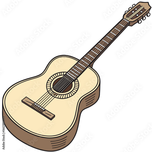Classic acoustic guitar with six strings and wooden body isolated on white background