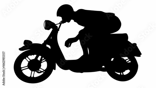 Silhouette of a person riding a scooter with helmet and leaning forward in a black and white image