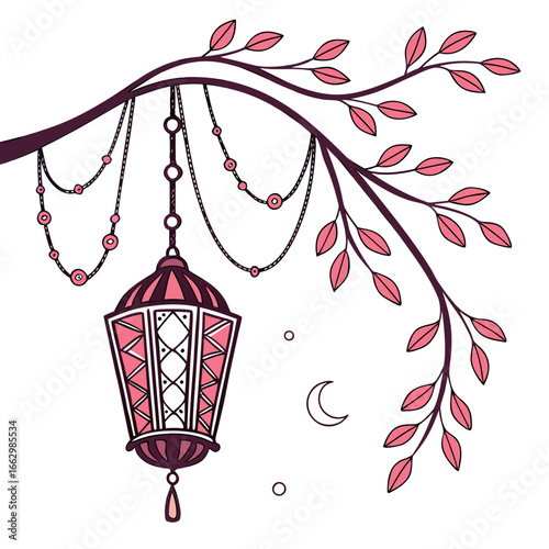 Decorative hanging lantern with beaded chain adorns a branch with pink leaves under a crescent moon