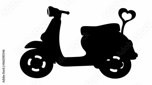 Silhouette of a vintage style scooter with a heart shaped backrest against a white background view