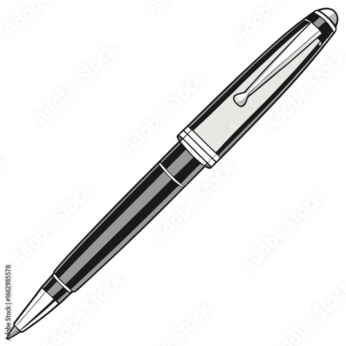 Elegant black and silver fountain pen with a shiny clip and white background