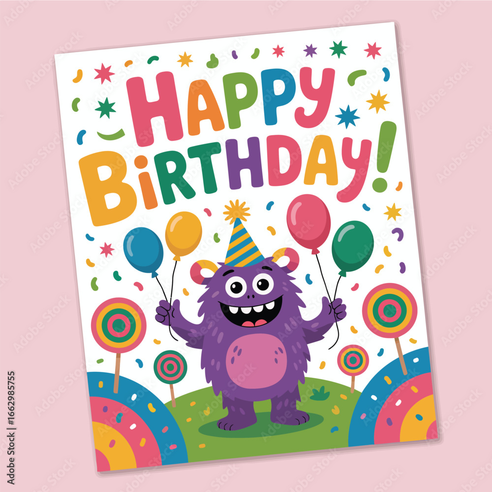 Fototapeta premium Happy Birthday Card with a Purple Monster and Colorful Lollipops celebration cute