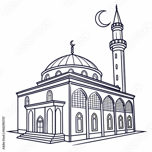 Elegant line drawing of a mosque with a dome and minaret under a crescent moon