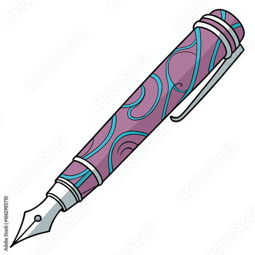Elegant purple fountain pen with swirling turquoise pattern and silver clip on a white background