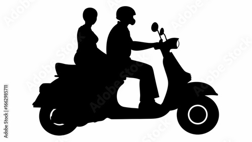Silhouette of a couple riding a scooter with the driver wearing a helmet and the passenger behind him