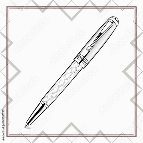 Elegant silver fountain pen with intricate patterned barrel and clip presented in a decorative frame