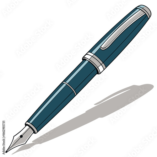 Elegant teal fountain pen with silver accents casting a subtle shadow on a white background