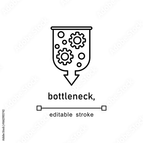 Bottleneck symbol with editable stroke, featuring gears and circles. Perfect for engineering, technology, business concept designs, and industrial projects.