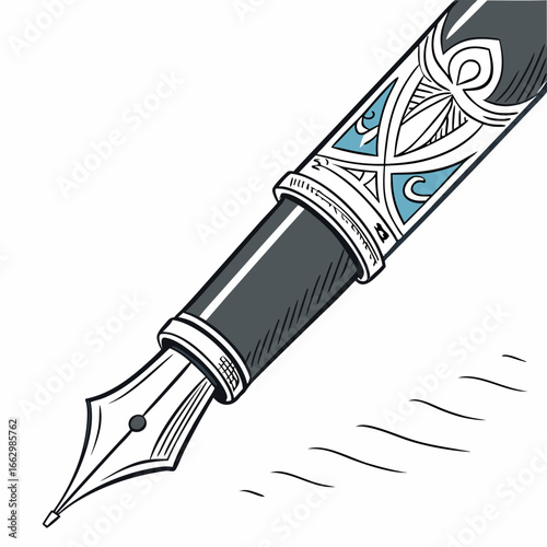 Elegant vintage fountain pen with intricate decorative details writing wavy lines on white background