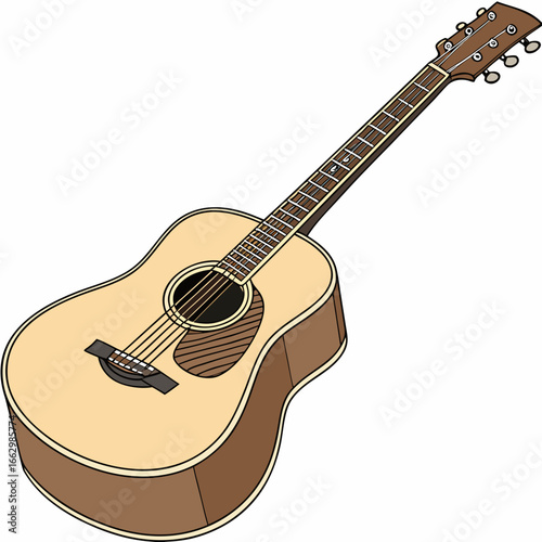 Illustration of a classic acoustic guitar with a light wood finish and brown detailing on a white background