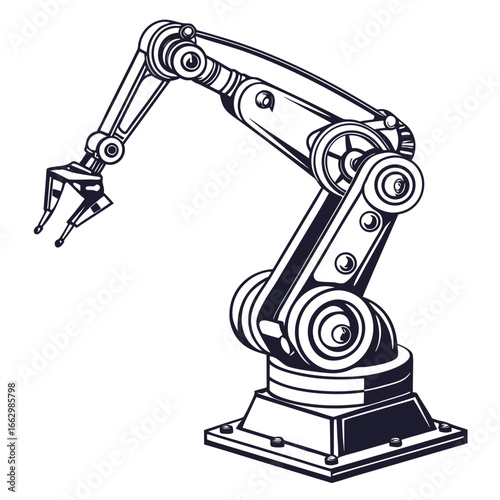 Industrial robotic arm with gripper detailed line art illustration on white background