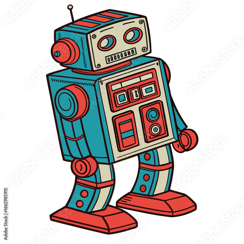 Retro robot character with blue and red colors and vintage design standing on white background