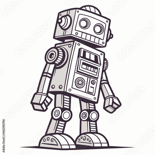 Retro style cartoon robot standing with a friendly expression and mechanical details