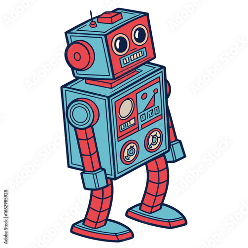 Retro style cartoon robot with blue and red colors and a friendly expression