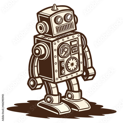 Retro style robot illustration with a vintage aesthetic and a playful character