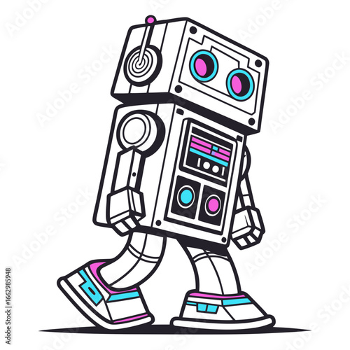 Retro style walking robot with bright pink and blue accents on a white background