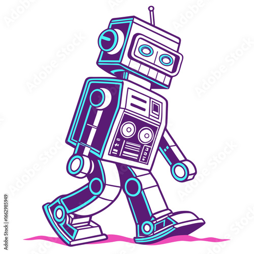 Retro style walking robot character with purple and cyan outlines on a white background