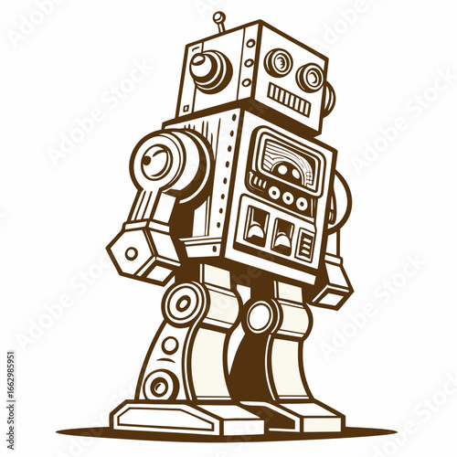 Retro tin toy robot standing with a vintage mechanical design and a friendly expression