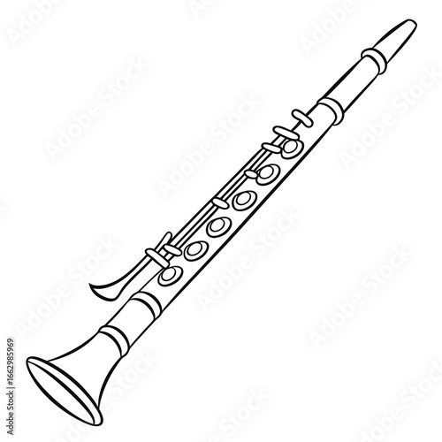 Simple black and white line drawing of a clarinet musical instrument on a white background